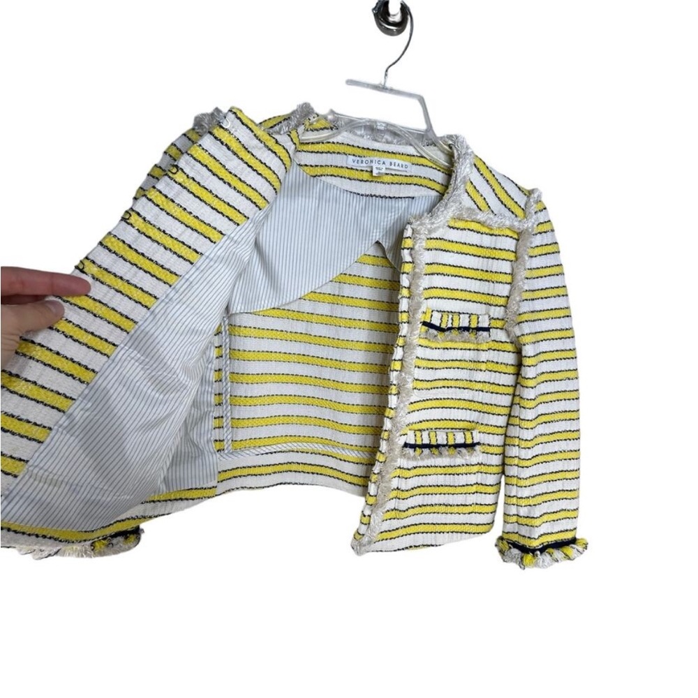 Veronica Beard Talie Tweed Blazer Yellow White Striped Frayed Trim Size 0 - Picture 8 of 12